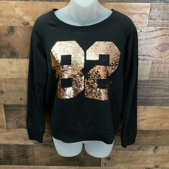 Active LA Sweatshirt Top Crew Neck Long Sleeves Black 82 in Gold Sequins Medium - Picture 10 of 10